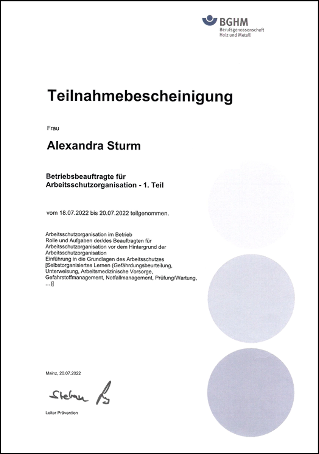 Alexandra Sturm – Beratung mit System – Sicherheit, Technik, Verantwortung – Zertifikat
