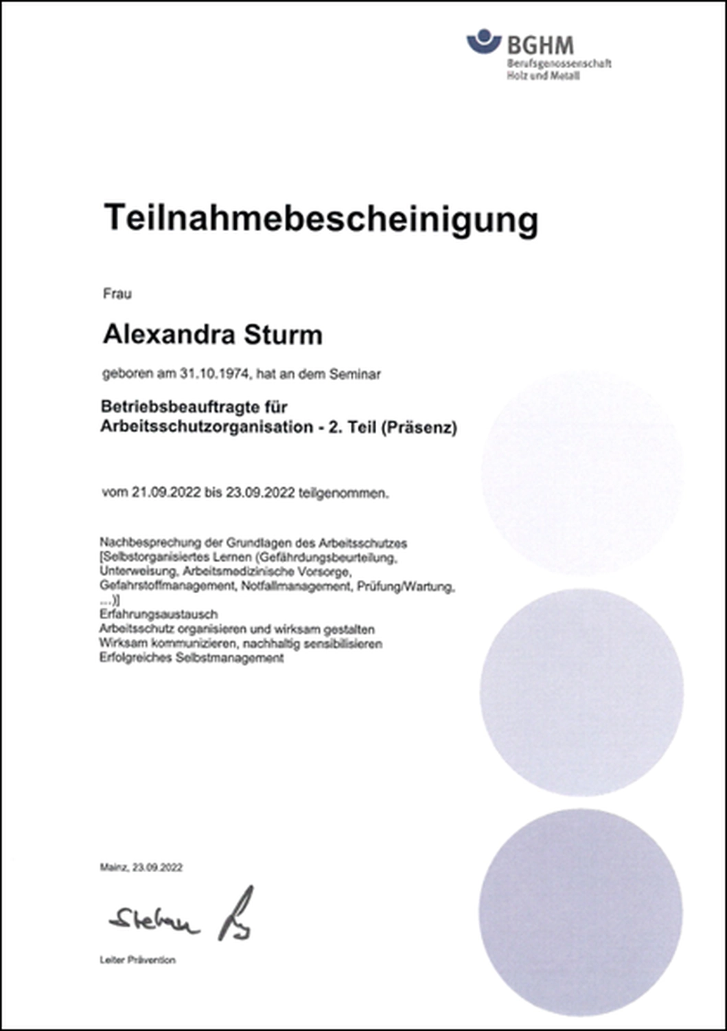 Alexandra Sturm – Beratung mit System – Sicherheit, Technik, Verantwortung – Zertifikat