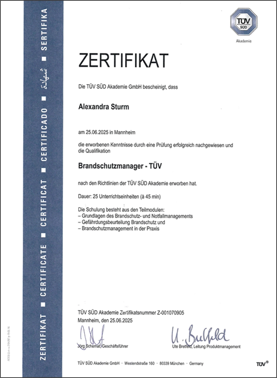 Alexandra Sturm – Beratung mit System – Sicherheit, Technik, Verantwortung – Zertifikat