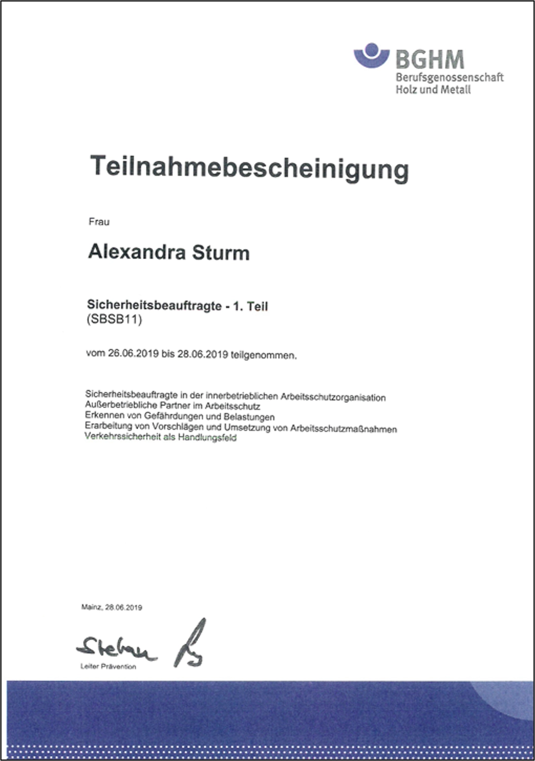 Alexandra Sturm – Beratung mit System – Sicherheit, Technik, Verantwortung – Zertifikat