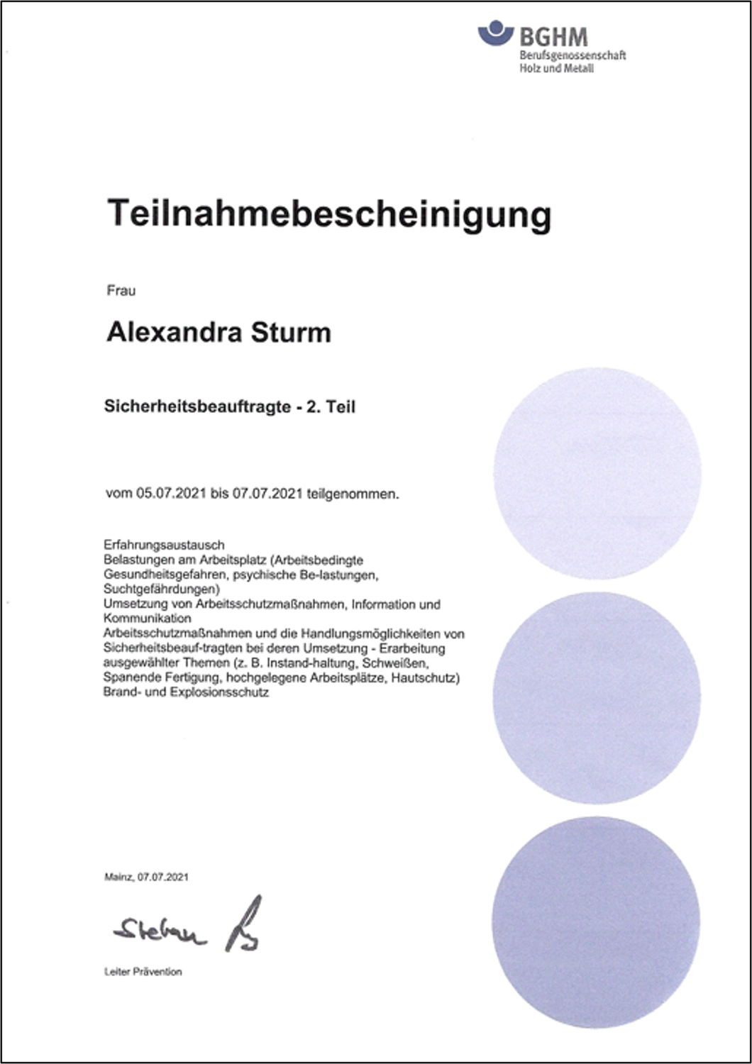 Alexandra Sturm – Beratung mit System – Sicherheit, Technik, Verantwortung – Zertifikat