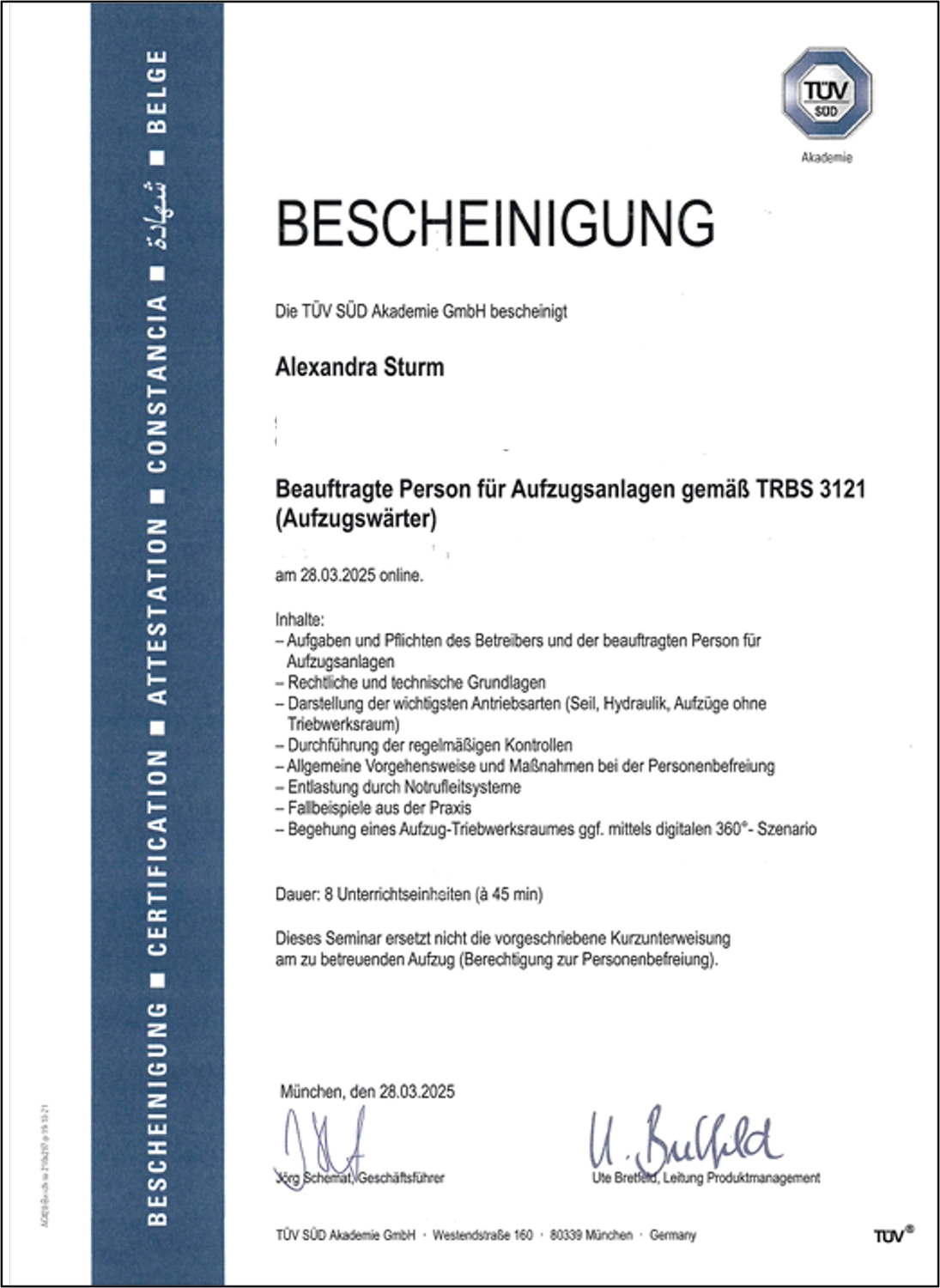 Alexandra Sturm – Beratung mit System – Sicherheit, Technik, Verantwortung – Zertifikat
