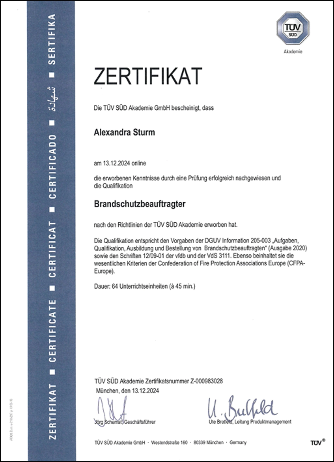 Alexandra Sturm – Beratung mit System – Sicherheit, Technik, Verantwortung – Zertifikat