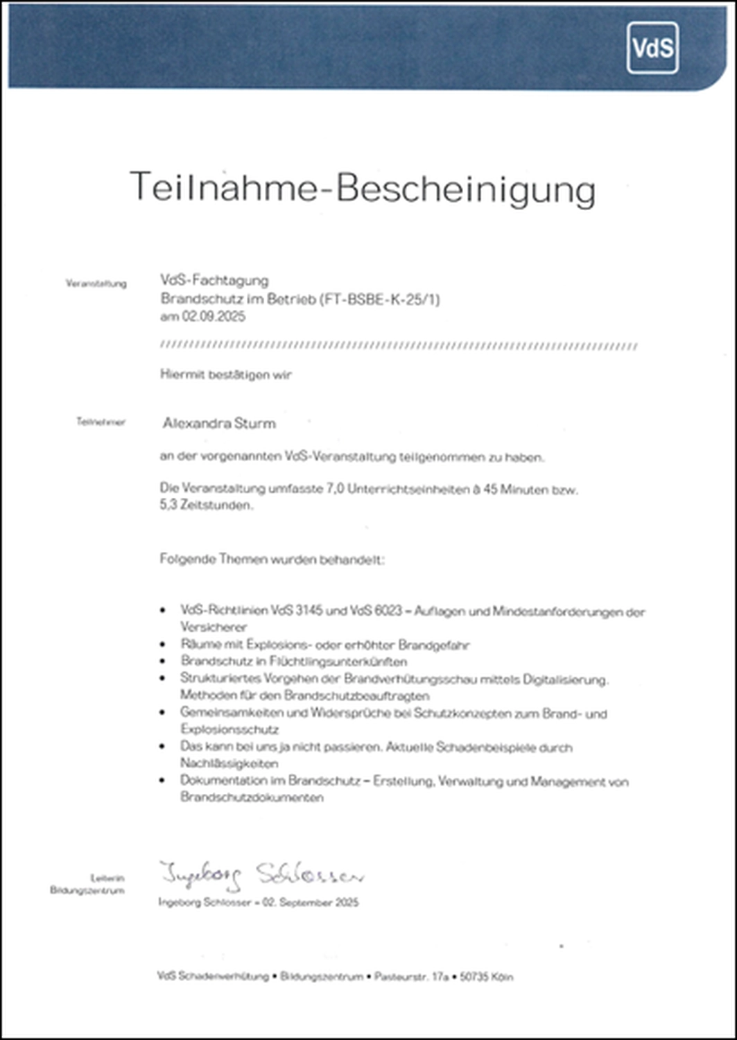 Alexandra Sturm – Beratung mit System – Sicherheit, Technik, Verantwortung – Zertifikat